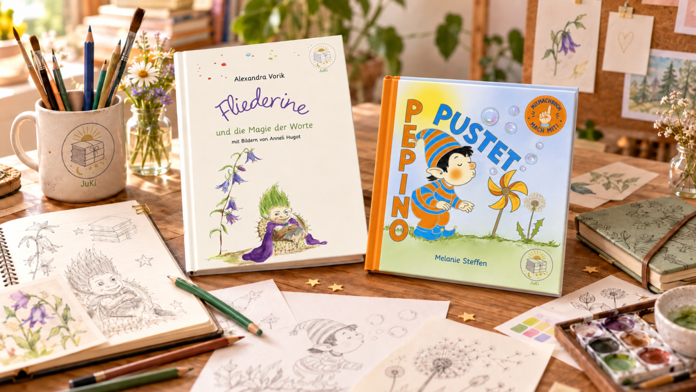 Vom kreativen Entwurf zum Kinderbuch – JuKi Verlag Kinderbücher Fliederine und Pepino mit Illustrationsskizzen – JuKi Verlag Brandis